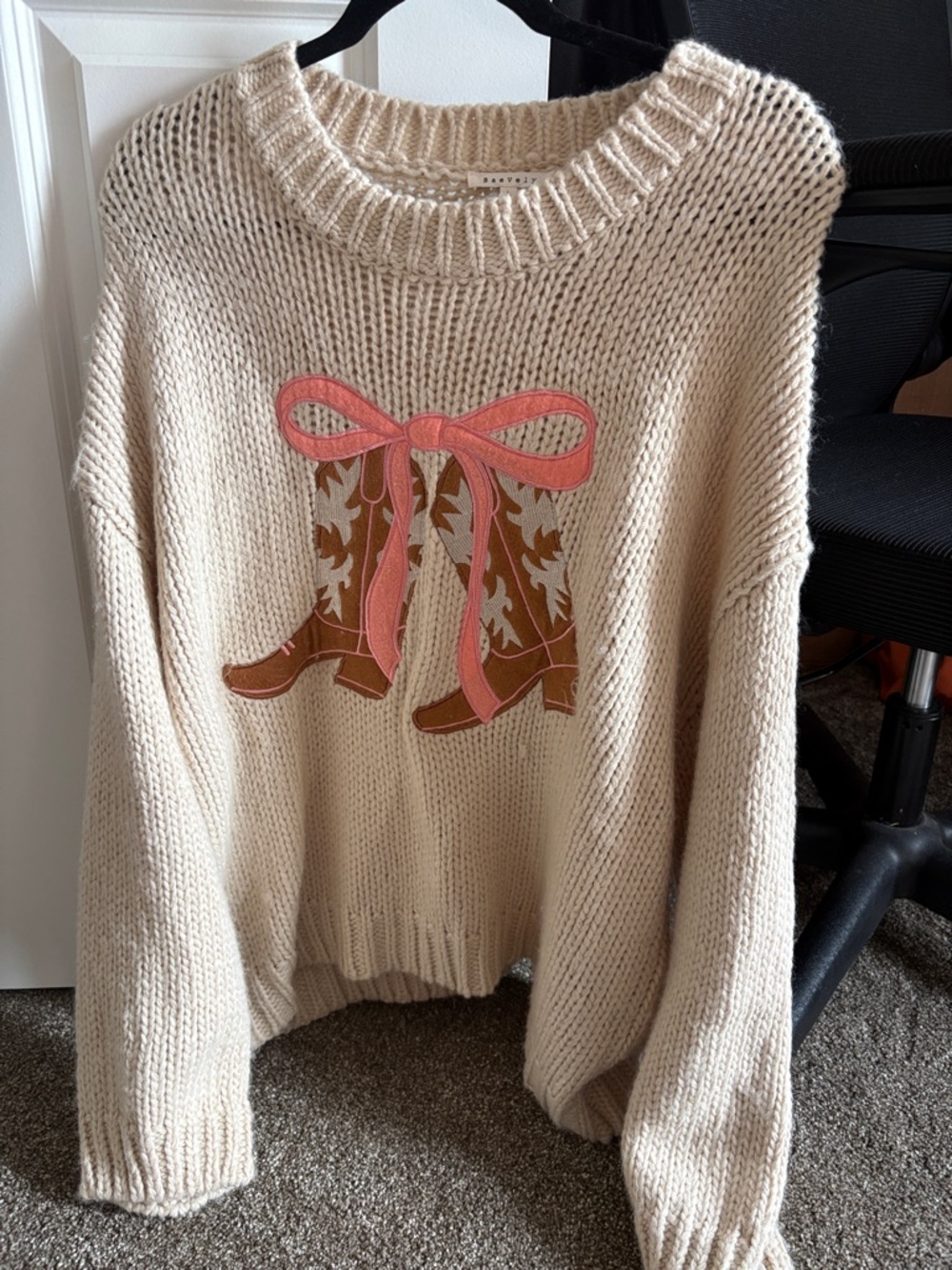 Cream Knit Crewneck Sweater with Pink Bow & Boot Applique